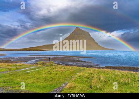 Kirkjufell mountain and amazing rainbow at Snaefellsness Stock Photo