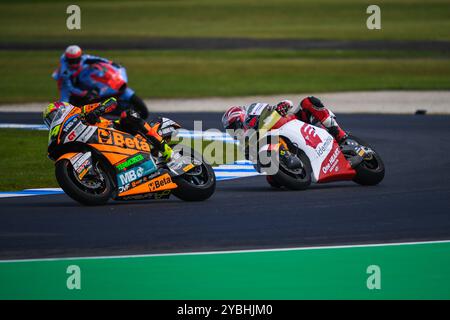 Fermin Aldeguer (L) of Spain and Mario Suryo Aji (R) of Indonesia are seen in action in Moto2™ practice session on the day one of The Qatar Airways Australian Motorcycle Grand Prix 2024 at Phillip Island, Australia. The Qatar Airways Australian Motorcycle Grand Prix 2024 features the world's best and emerging riders. Day one action saw some impressive performance in challenging conditions changing from pouring rain in the morning to bright sunny afternoon. Practice sessions included MotoGP™ category as well as Moto2™ and Moto3™. Stock Photo