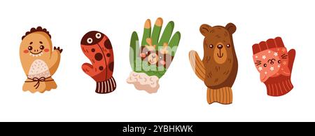 Funny animal shaped knitted mittens flat vector objects set Stock Vector