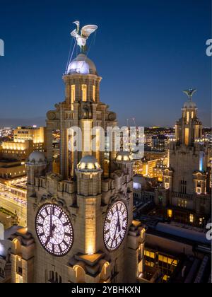 Royal Liver Building illuminated at night on Liverpool waterfront, Merseyside, England, with its famous Liver Birds above the city. Stock Photo