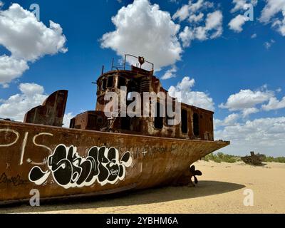 An environmental disaster , Moynaq / Mo'ynoq / Muynak ship graveyard cemetery , Aral Sea desert , Karakalpakstan republic , Uzbekistan , Central Asia Stock Photo