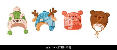 Winter hats with animal faces flat color vector objects set Stock Vector