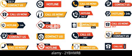 Contact us buttons. Customer service label, call us now and 24 7 support hotline with telephone handset and phone icons. Call to action badges vector Stock Vector