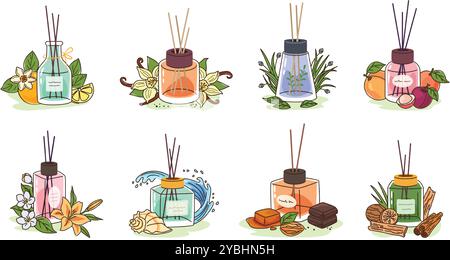 Reed sticks diffuser perfume types. Aroma glass bottles with citrus, oriental spices, fresh grass, fruits and gourmand fragrances notes. Flowers Stock Vector