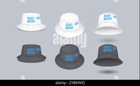 Bucket hats with branding areas realistic illustration set Stock Vector