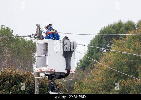 electrician working on aerial platform for electrical maintenance on power line Stock Photo