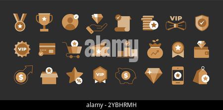 Reward program icons. Golden medals, trophies and loyalty rewards symbols. VIP and premium user badges for customer loyalty programs, promotional Stock Vector