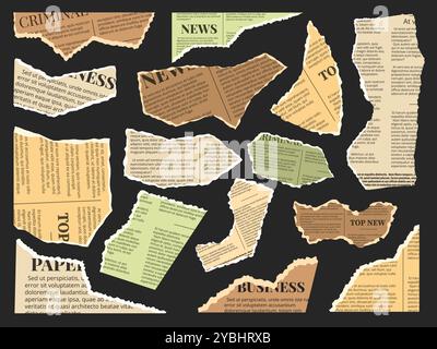 Vintage newspaper scrapbook elements. Ripped old zine pages, torn paper pieces with news articles text snippets. Collage clippings with jagged edges Stock Vector