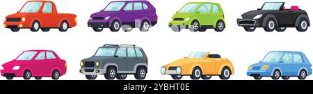 Cartoon cars. Pickup truck, mini car, convertible coupe, sedan, SUV and off road hatchback vehicles. Playful automotive isolated vector illustrations Stock Vector