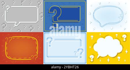Question frame. Speech bubbles with question marks, quiz game show questions template and FAQ background. Asking banners and presentation slide Stock Vector