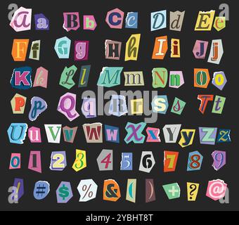 Ransom scrapbook font. Newspaper cutout alphabet for blackmail style collage with numbers, uppercase and lowercase letters. Torn paper pieces Stock Vector