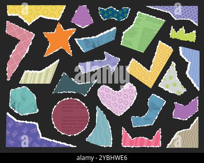 Ripped color paper. Scrapbooking torn craft paper pieces with patterns and textures, zine collage shapes. Vintage scrapbook elements isolated vector Stock Vector
