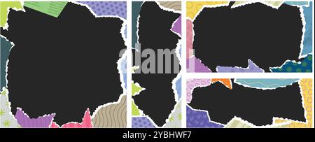 Ripped paper banner frames. Scrapbooking photo frame with torn craft paper pieces, vintage collage art template with scraps of paper with patterns and Stock Vector