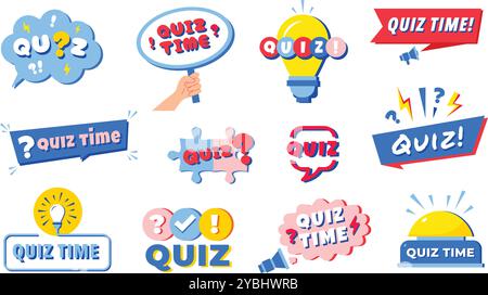 Quiz labels. Trivia question, test or erudite game emblem template with question mark, speech bubble frame, idea lamp, big button, puzzle and quiz Stock Vector