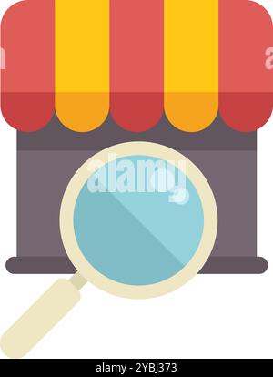 Magnifying glass is inspecting a small business storefront, symbolizing market research and analysis Stock Vector