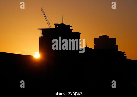 Sunrise behind City Island & Bridgewater Place in Leeds,West Yorkshire,UK Stock Photo