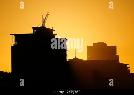 Sunrise behind City Island & Bridgewater Place in Leeds,West Yorkshire,UK Stock Photo