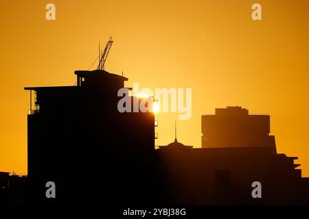 Sunrise behind City Island & Bridgewater Place in Leeds,West Yorkshire,UK Stock Photo