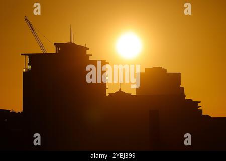 Sunrise behind City Island & Bridgewater Place in Leeds,West Yorkshire,UK Stock Photo