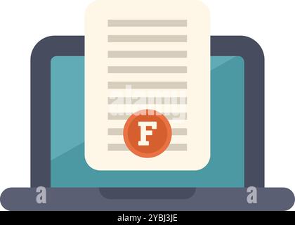Laptop displaying a document with a large red f, representing a failing grade on a test or exam Stock Vector