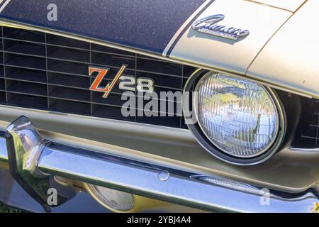 Closeup of a chevrolet camaro z28 showing the grill, headlight, and bumper Stock Photo