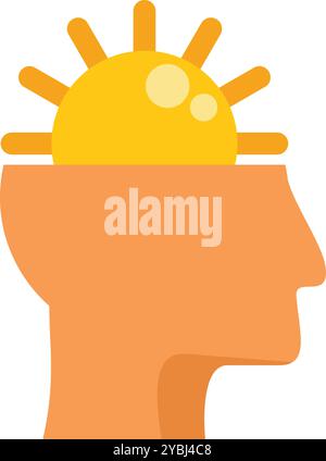 This vector illustration shows a human head profile with a sun shining inside, symbolizing positive thoughts Stock Vector
