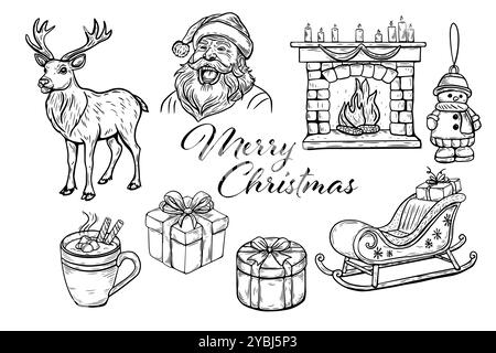 Merry Christmas set, vintage style vector sketch, line art. Santa, reindeer, sleigh, presents and other elements. Stock Vector