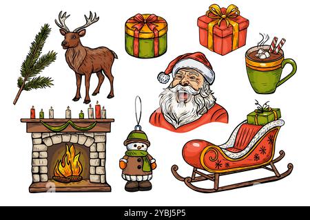 Set of Merry Christmas,vector sketch in vintage style, line drawing in color. Santa, reindeer, sleigh, gifts and other elements. Stock Vector