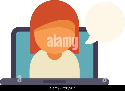 Faceless woman character appearing from laptop screen with speech bubble, talking and using computer Stock Vector