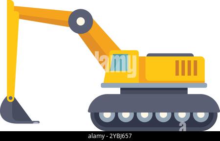 Yellow excavator digging with extended front loader in flat design style Stock Vector