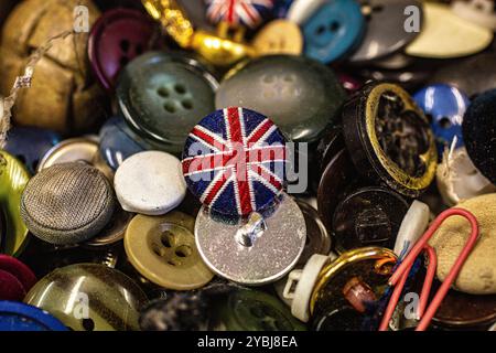 Union Jack button at the Taylors Button Shop in London , United Kingdom Stock Photo