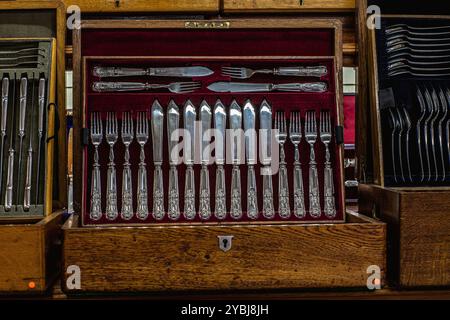 Regalia canteen Service Silver Cutlery Set in old wooden box Stock Photo