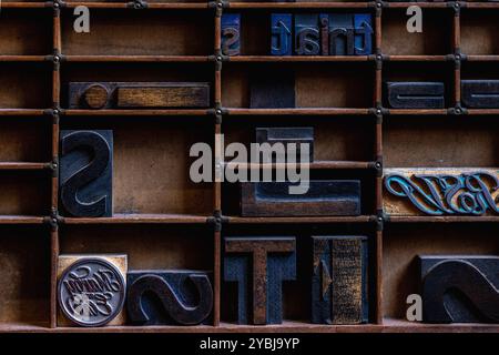 Wood block letter press lettering in typesetting box Stock Photo