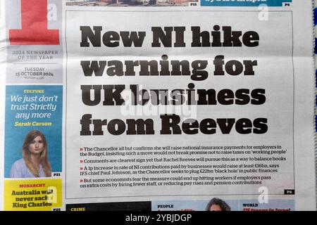 'New NI hike warning for UK business from (Rachel) Reeves' inewspaper headline front page Labour autumn budget article 15 October 2024 London UK Stock Photo