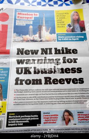 'New NI hike warning for UK business from (Rachel) Reeves' inewspaper headline front page Labour autumn budget article 15th October 2024 London UK Stock Photo