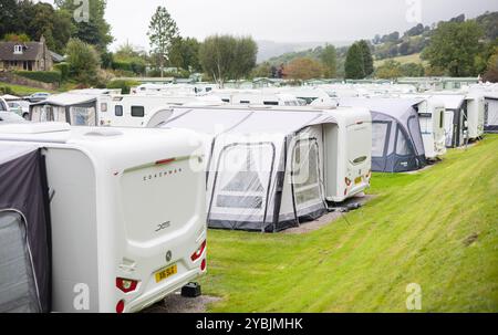 Yorkshire Dales, UK - September 15, 2024. Row of caravans on a caravan site in Pateley Bridge, Nidderdale, North Yorkshire, UK Stock Photo