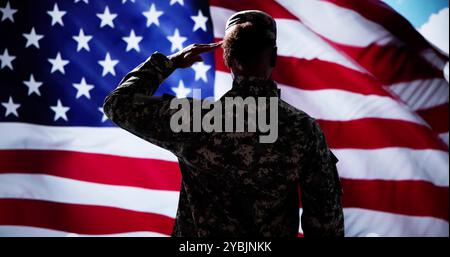 Military US Soldier Saluting Flag. Army Veteran Stock Photo