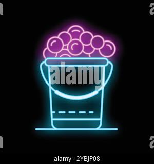 Glowing neon sign of a bucket overflowing with soap suds on a black background Stock Vector