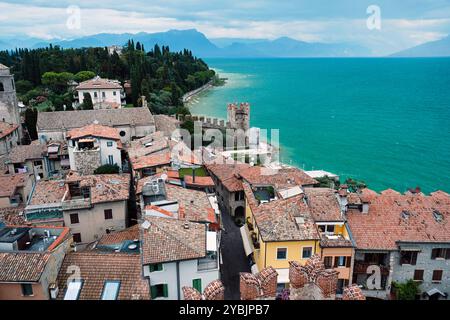 Rooftops of Sirmione, on the shore of Lake Garda, Lombardy, Italy. View from the fortress walls of the castle (Castello Scaligero di Sirmione). Stock Photo