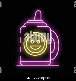 Neon sign of a squeegee bottle with a smiley face drawing, evoking a sense of fun and positivity Stock Vector