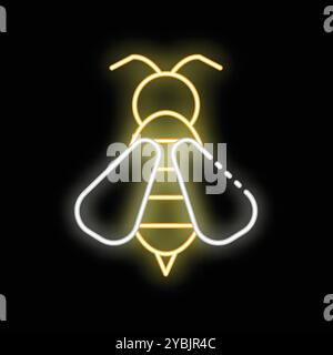 Bright yellow neon sign showing a honey bee on black background, great for animal themes Stock Vector