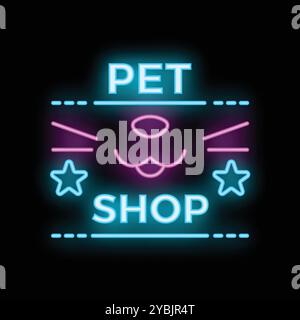 Bright neon pet shop sign with a cute dog face and stars, perfect for any business catering to animal lovers Stock Vector