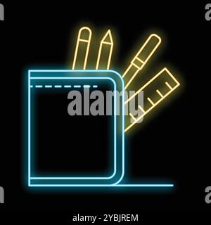 Glowing neon line wallet with pencils and ruler icon isolated on black background vector illustration Stock Vector