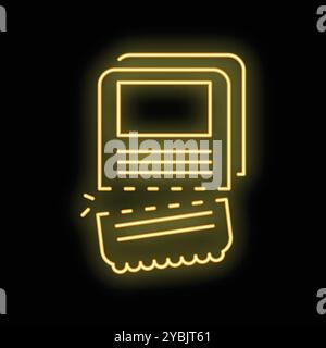Yellow neon icon representing shredding confidential documents with a shredder machine on black background Stock Vector