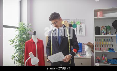 Hispanic man in tailor shop examining fabric with mannequin, threads, and designs in background Stock Photo