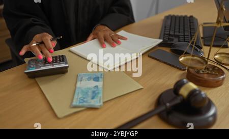 Woman working in an office calculating with a calculator, brazilian money, a notebook, a judge's gavel, and a scale of justice on the desk Stock Photo