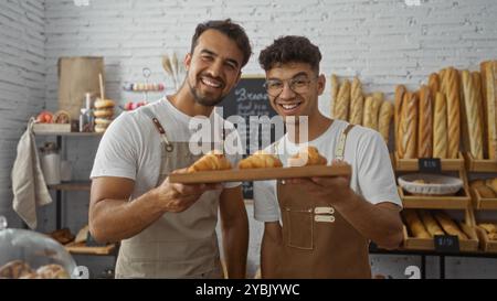 Two hispanic male bakers in a bakery shop holding croissants on a wooden tray, smiling at the camera while standing in front of shelves filled with va Stock Photo