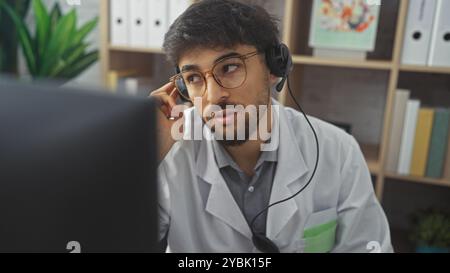 A focused young arab man with a headset working at his computer in a modern clinic office. Stock Photo