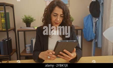 Mature woman focusing on tablet in a well-lit home office with eyeglasses and plants Stock Photo