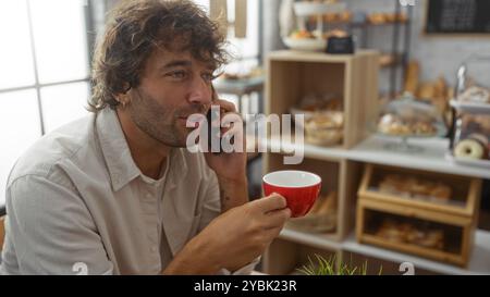 Handsome young man talking on phone while holding red coffee cup in cozy bakery shop interior Stock Photo
